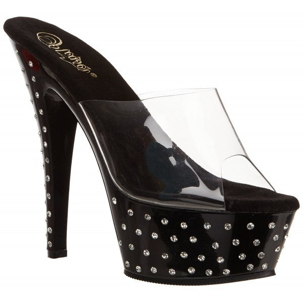 Black high-heeled shoe with clear platform and studded details on a white background